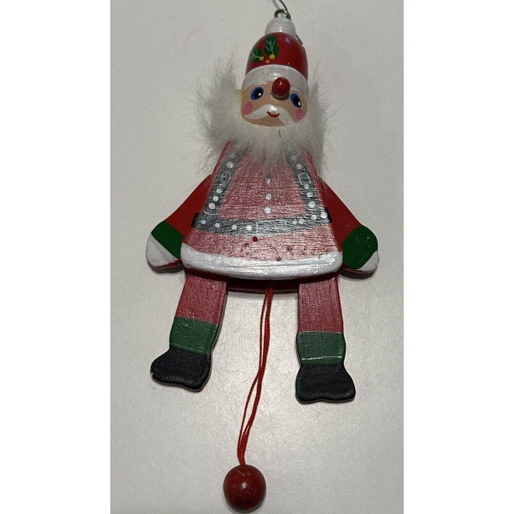 Santa clause Vintage Wooden Pull String Toy Jumping Puppet Christmas Ornament 8”